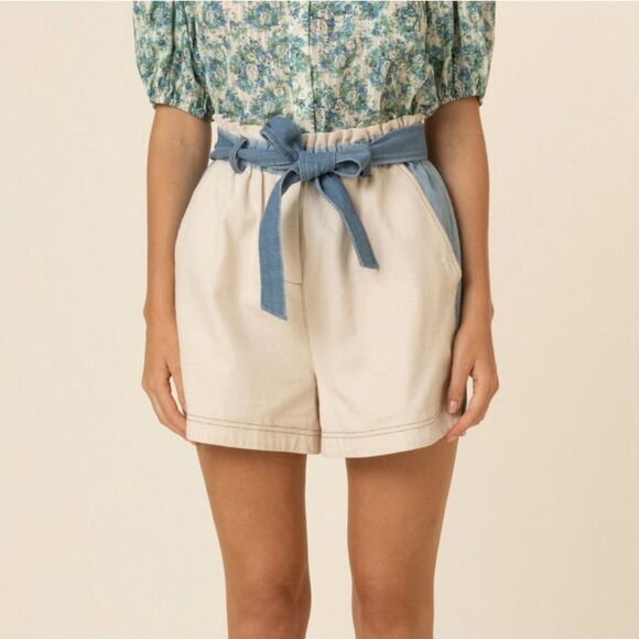 FRNCH Sylvia woven cream blue patchwork colorblock belted high rise shorts - Picture 1 of 14